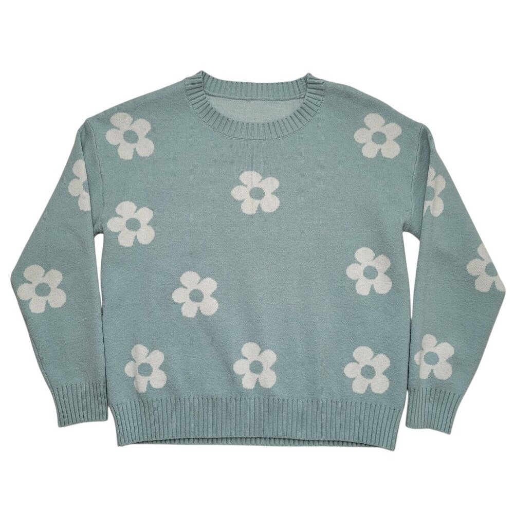 Retro Daisy Floral Print Knit Sweater Crew Neck Teal Blue Girls Boho